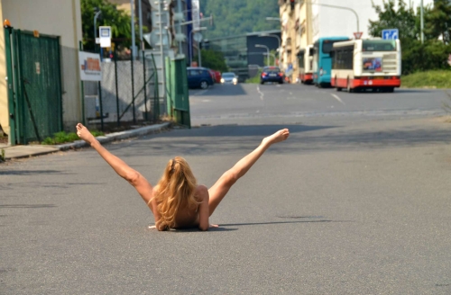 Naked Woman Spreading Legs in Public - Explicit Street Exhibitionism