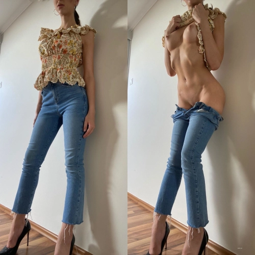 Seductive woman stripping off pants - Explicit erotic photo shoot