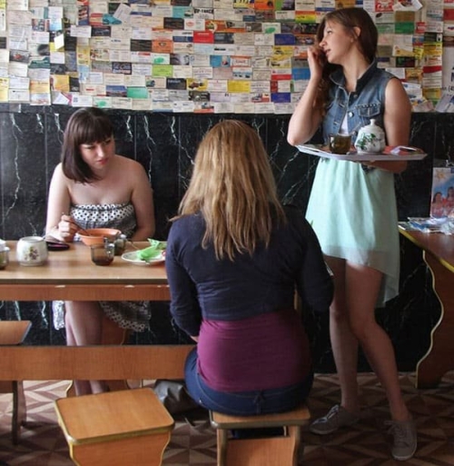 Sexy Roadside Cafe Waitress Serving Hot Coffee - Explicit Waitress Photo