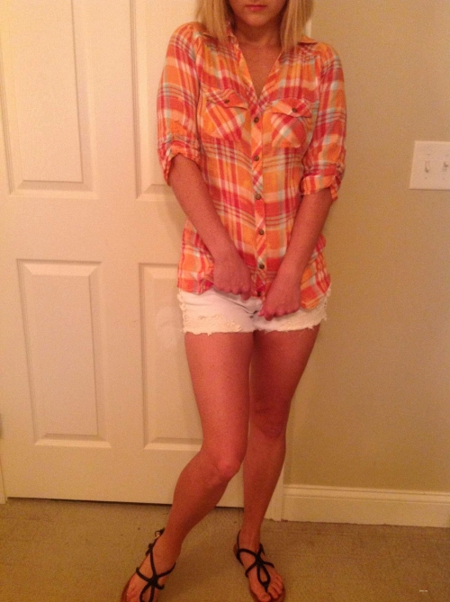 Blonde in White Shorts and Plaid Shirt: Explicit Summer Fashion Model