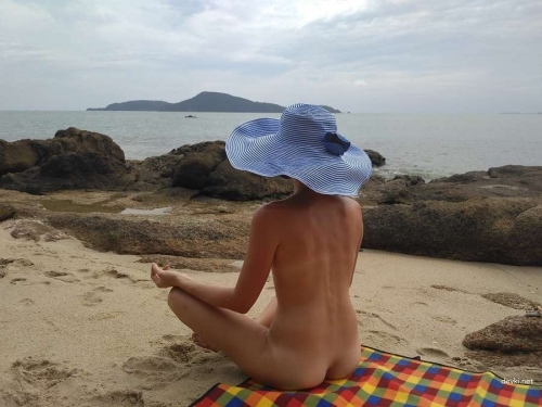 Topless Wife Sunbathing with Small Breasts on Beach
