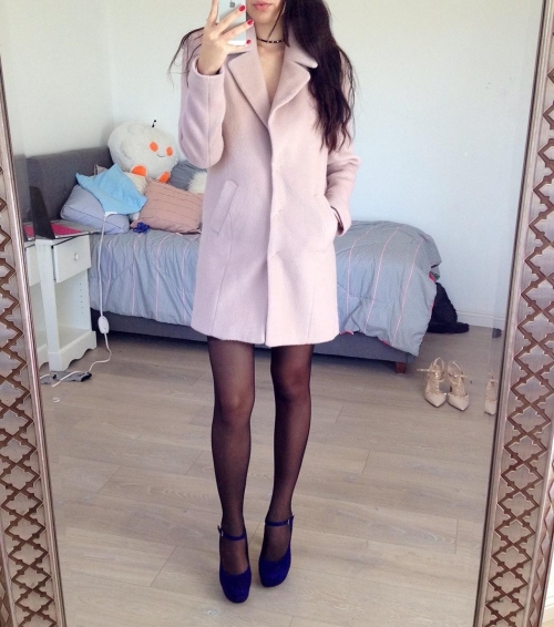 Seductive Brunette in Coat and Stockings: Explicit Adult Content